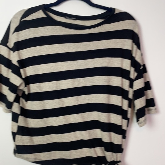 Zara Black and Tan Short Sleeve Striped Tee Tie Waist Top Size Small - Picture 4 of 14